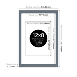 "12X8"" Grey Frame With Mount For 8X6"" Pictures 20mm Slim Edge Portrait And Landscape Display With Wall Hooks And Kickstand" - thumbnail 2