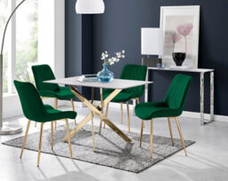 Furniturebox Uk Leonardo White Glass Marble Effect Gold Leg Table & 4 Green Pesaro Gold Leg Chairs