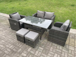 Fimous Dark Grey Pe Rattan Garden Furniture Set Love Sofa Reclining Chair Outdoor Rectangular Dining Table Stools 6 Seater - thumbnail 2