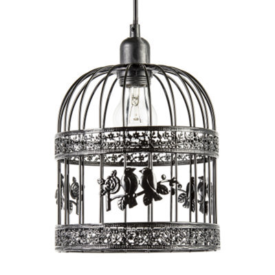 Happy Homewares Shabby Chic Shiny Black Gloss Birdcage Shade With 3D Flowers And Birds - image 1