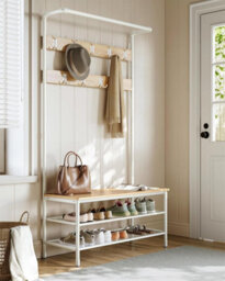 Songmics Large Entryway Stand, Hall Tree With Shoe Storage Bench, Coat Hooks, Hanging Rail, Oak And White - thumbnail 3