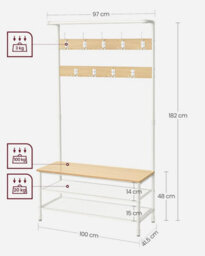 Songmics Large Entryway Stand, Hall Tree With Shoe Storage Bench, Coat Hooks, Hanging Rail, Oak And White - thumbnail 2