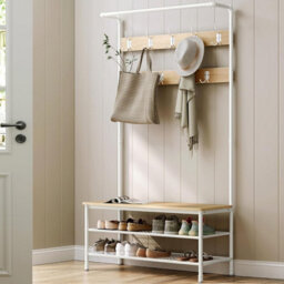 Large Entryway Stand, Hall Tree With Shoe Storage Bench, Coat Hooks, Hanging Rail, Oak And White