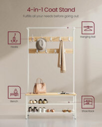 Songmics Large Entryway Stand, Hall Tree With Shoe Storage Bench, Coat Hooks, Hanging Rail, Oak And White - thumbnail 4