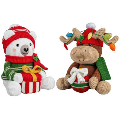 Xample 16 Inch Christmas Knit Characters Set, Moose & Polar Bear Shelf Sitters, Soft Crochet Design, Weighted Base, Indoor Decoration - image 1