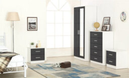 Reflect 2 Door Mirror Wardrobe, 5 Drawer Chest, 2X 2 Drawer Bedsides - Grey Gloss & Matt White - Modern Bedroom Furniture Set