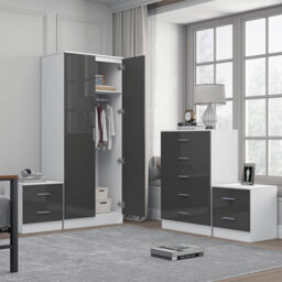 Reflect 2 Door Mirror Wardrobe, 5 Drawer Chest, 2X 2 Drawer Bedsides - Grey Gloss & Matt White - Modern Bedroom Furniture Set - thumbnail 2