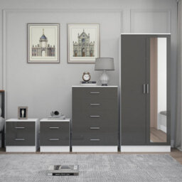 Reflect 2 Door Mirror Wardrobe, 5 Drawer Chest, 2X 2 Drawer Bedsides - Grey Gloss & Matt White - Modern Bedroom Furniture Set - thumbnail 3