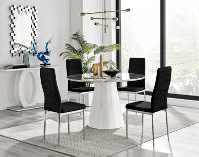Furniturebox Uk Palma White Marble Effect Round Dining Table & 4 Black Velvet Milan Chairs - image 1