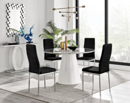 Furniturebox Uk Palma White Marble Effect Round Dining Table & 4 Black Velvet Milan Chairs - thumbnail 1