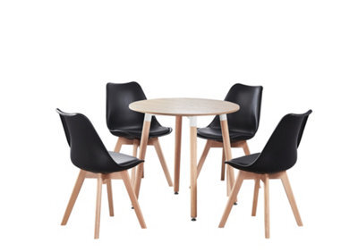 Life Interiors 5Pcs Dining Set - An Oak Round Dining Table & Set Of 4 Black Lorenzo Tulip Chairs With Padded Seat - image 1