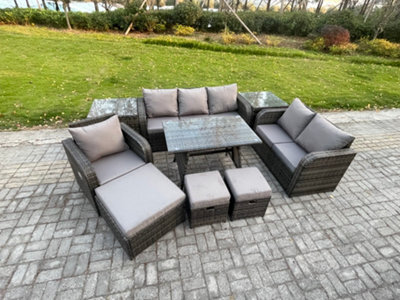 Fimous 9 Pcs Outdoor Lounge Sofa Set Wicker Pe Rattan Garden Furniture Set With Dining Table Armchair 3 Footstools Dark Grey Mixed - image 1