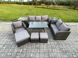 Fimous 9 Pcs Outdoor Lounge Sofa Set Wicker Pe Rattan Garden Furniture Set With Dining Table Armchair 3 Footstools Dark Grey Mixed - thumbnail 2