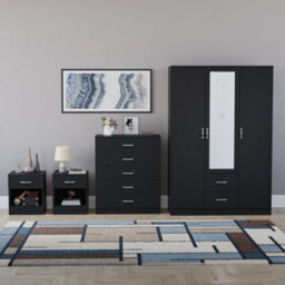 Lassic Vida Designs Riano 4 Piece Bedroom Set (1 Drawer Bedside Chest, 5 Drawer Chest, 3 Door 2 Drawer Mirrored Wardrobe), Black - thumbnail 7