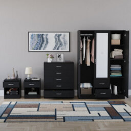 Lassic Vida Designs Riano 4 Piece Bedroom Set (1 Drawer Bedside Chest, 5 Drawer Chest, 3 Door 2 Drawer Mirrored Wardrobe), Black - thumbnail 2