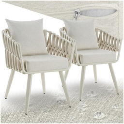 Tectake Aluminium Garden Chair Lugano In Rope Weave Design With Thick Seat & Back Cushions - Beige - Set Of 2 - thumbnail 1