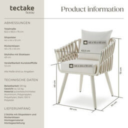 Tectake Aluminium Garden Chair Lugano In Rope Weave Design With Thick Seat & Back Cushions - Beige - Set Of 2 - thumbnail 6