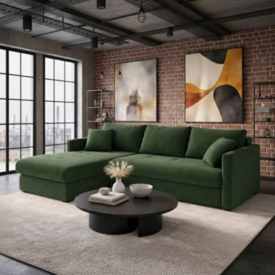 Orea Grey Fabric Corner Sofa Bed With Storage Profiled Cushions Stylish Multi Functional Sleeper For Living Room Green Left - image 1
