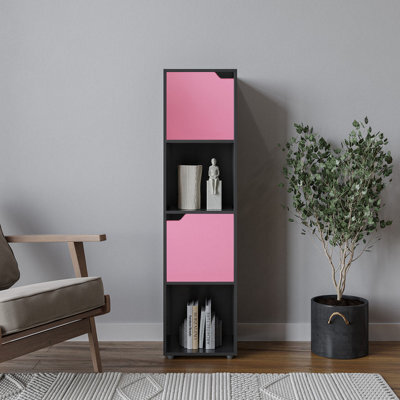 Urbn-Living Urbnliving 119Cm Height Black 4 Cube Bookcase Shelving Display Shelf Storage Unit Pink Wooden Door Organiser - image 1