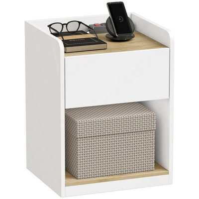 Bedside Table With Drawer And Open Shelf, White And Oak - image 1