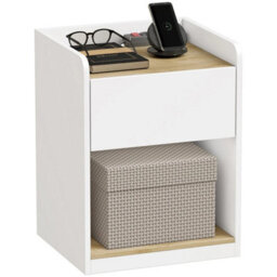 Bedside Table With Drawer And Open Shelf, White And Oak - thumbnail 1
