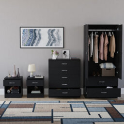 Lassic Vida Designs Riano 4 Piece Bedroom Set (1 Drawer Bedside Chest, 5 Drawer Chest, 2 Door 2 Drawer Wardrobe), Black - thumbnail 2
