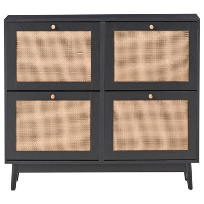 Wyld And Coco Boho Black Rattan Fronts Shoe Cabinet - 4 Concealed Compartments, Slim Profile - image 1