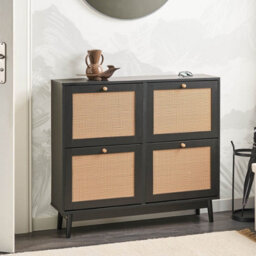 Wyld And Coco Boho Black Rattan Fronts Shoe Cabinet - 4 Concealed Compartments, Slim Profile - thumbnail 2