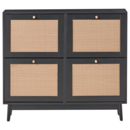 Wyld And Coco Boho Black Rattan Fronts Shoe Cabinet - 4 Concealed Compartments, Slim Profile - thumbnail 1