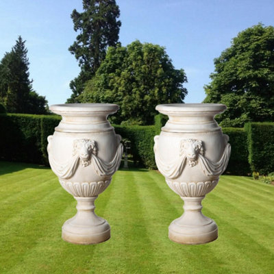 Pair Of Extremely Large Draped Lion Head Garden Urns - image 1