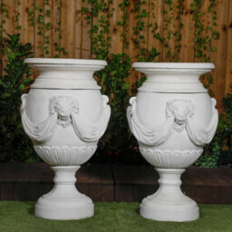 Pair Of Extremely Large Draped Lion Head Garden Urns - thumbnail 2