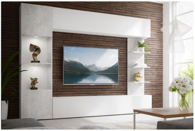 Lazando Wall Unit White And Concrete With Tv Space 160 X 116 Cm And Storage Cabinets - image 1