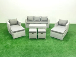 Fimous Rattan Garden Furniture Set Outdoor Lounger Sofa Coffee Table 4 Stools Light Grey 9 Seater - thumbnail 1