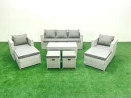 Fimous Rattan Garden Furniture Set Outdoor Lounger Sofa Coffee Table 4 Stools Light Grey 9 Seater - thumbnail 2