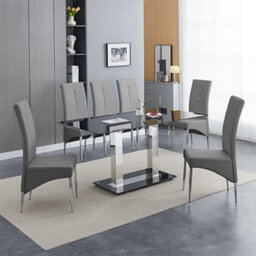 Furniture In Fashion Jet Large Black Glass Dining Table With 6 Vesta Grey Chairs - thumbnail 1