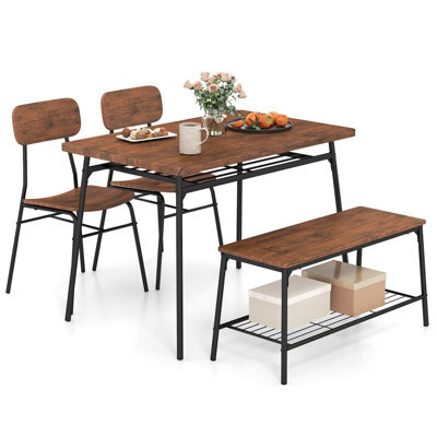 Costway Set Of 4 Dining Table Set 110 X 70 Cm Kitchen Table W/ 2 Chairs & Bench-Brown - image 1