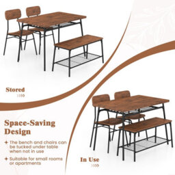Costway Set Of 4 Dining Table Set 110 X 70 Cm Kitchen Table W/ 2 Chairs & Bench-Brown - thumbnail 9