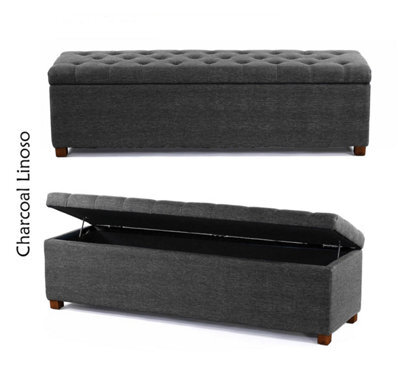 Linoso Chesterfield Charcoal Ottoman Storage Box With Square Wooden Legs - Upholstered Blanket Box (120W X 40D X 45H Cm) - image 1
