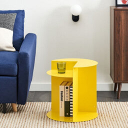 Wyld And Coco Yellow Metal Round Geometric Side Table With Dual Shelf, Compact Matt Finish - thumbnail 2