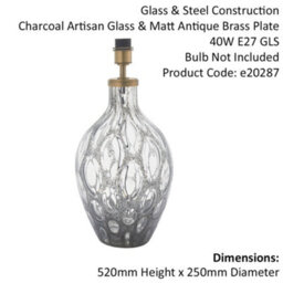 Large Charcoal Tinted Glass Table Lamp Light Base - Antique Brass Metalwork - thumbnail 2