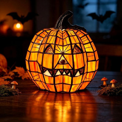 Amorly Halloween Pumpkin Lamp, Handcrafted Mosaic Stained Glass Style Warm White Led Light, Autumn Fall Harvest Table Centerpiece Decor - image 1