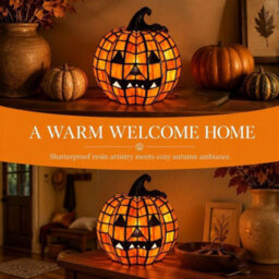 Amorly Halloween Pumpkin Lamp, Handcrafted Mosaic Stained Glass Style Warm White Led Light, Autumn Fall Harvest Table Centerpiece Decor - thumbnail 5