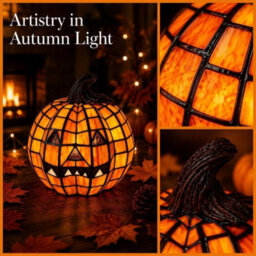 Amorly Halloween Pumpkin Lamp, Handcrafted Mosaic Stained Glass Style Warm White Led Light, Autumn Fall Harvest Table Centerpiece Decor - thumbnail 2