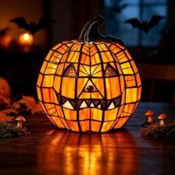 Amorly Halloween Pumpkin Lamp, Handcrafted Mosaic Stained Glass Style Warm White Led Light, Autumn Fall Harvest Table Centerpiece Decor - thumbnail 1