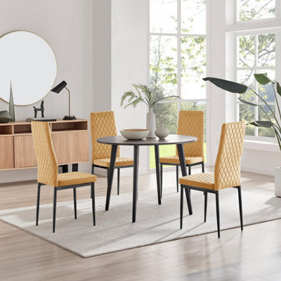 Furniturebox Uk Koko Walnut Effect Round Dining Table & 4 Mustard Velvet Milan Black Leg Chairs - image 1