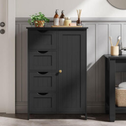 Songmics Freestanding Bathroom Cabinet, Floor Storage Unit With Drawers, Door Organizer, Adjustable Shelf, Ink Black