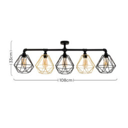 Valuelights Luiggi Industrial 5 Way Satin Black Pipework Ceiling Light With Black And Gold Cage Shades - thumbnail 8