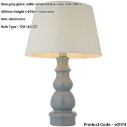 Loops Blue Grey Glaze & Satin Nickel Plate Table Lamp - Ivory Linen Fabric Shade - 685mm Tall Light - 10W Led E27 - thumbnail 2