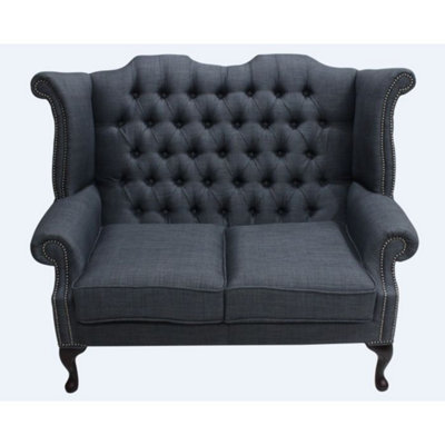 Chesterfield 2 Seater High Back Wing Sofa Charles Charcoal Grey Linen Fabric In Queen Anne Style - image 1