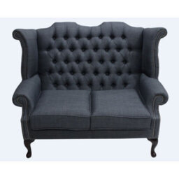 Chesterfield 2 Seater High Back Wing Sofa Charles Charcoal Grey Linen Fabric In Queen Anne Style - thumbnail 1